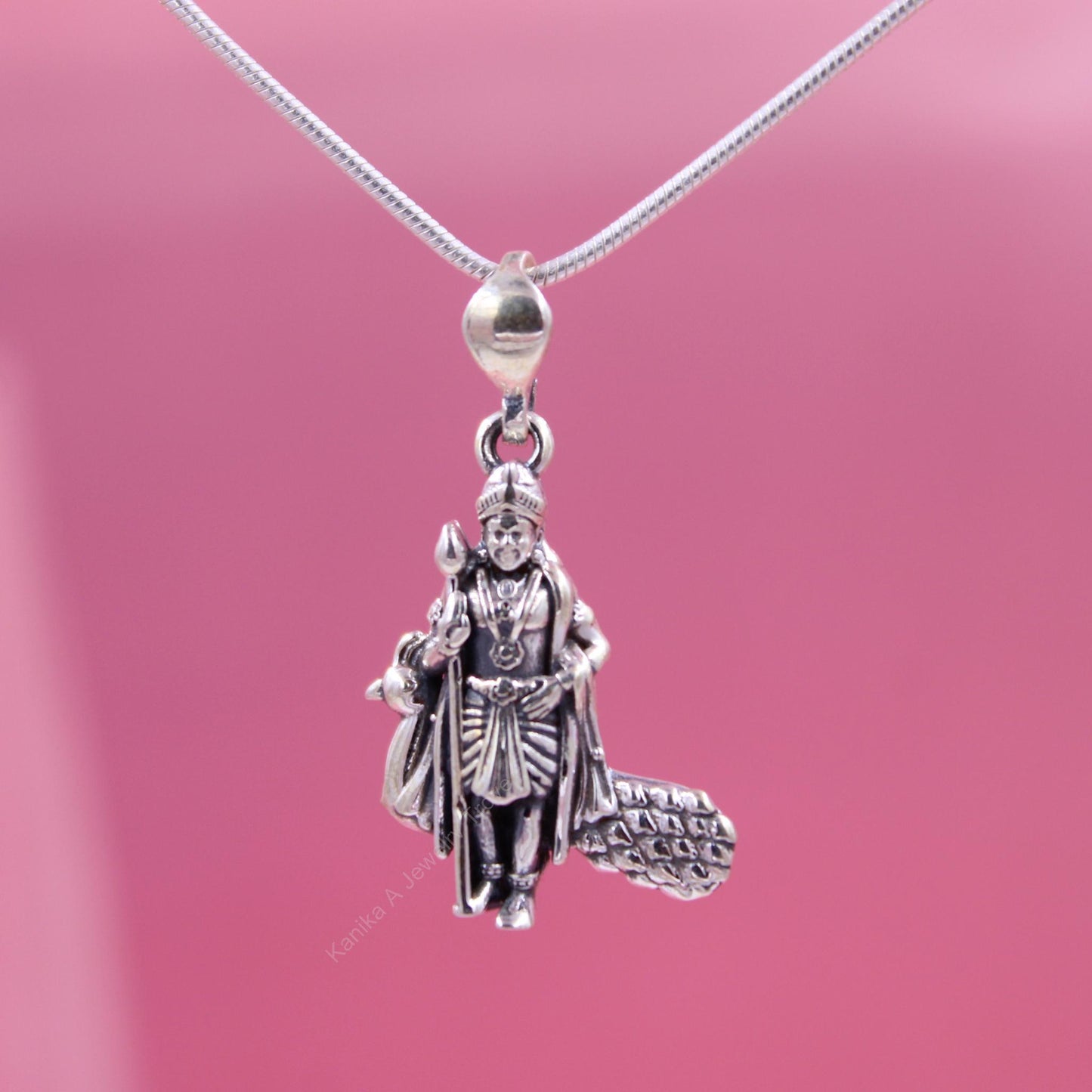 Intricate silver Murugan Bhagwan pendant on chain