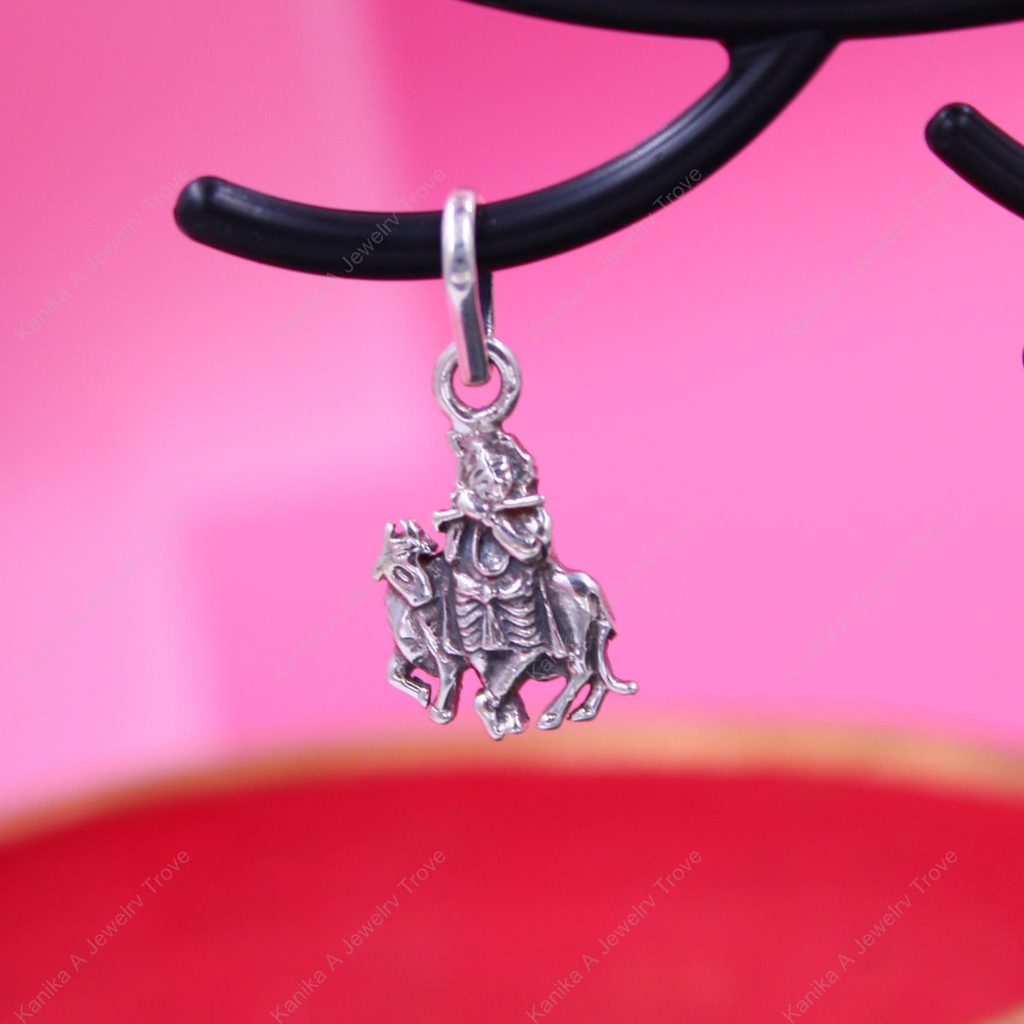 Intricate Krishna and Cow charm necklace in sterling silver
