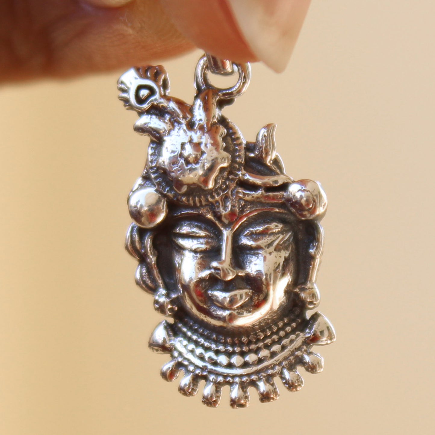 Handcrafted Sterling Silver Natwar Krishna Face Pendant | Oxidized Finish