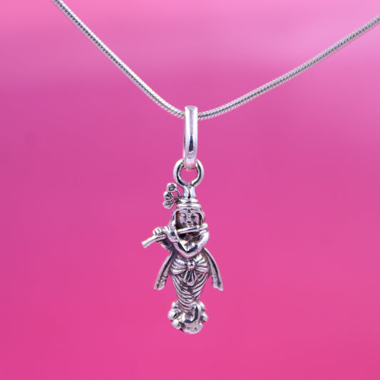 Handcrafted Sterling Silver Krishna Pendant | Flute Playing Krishna Charm for Men & Women